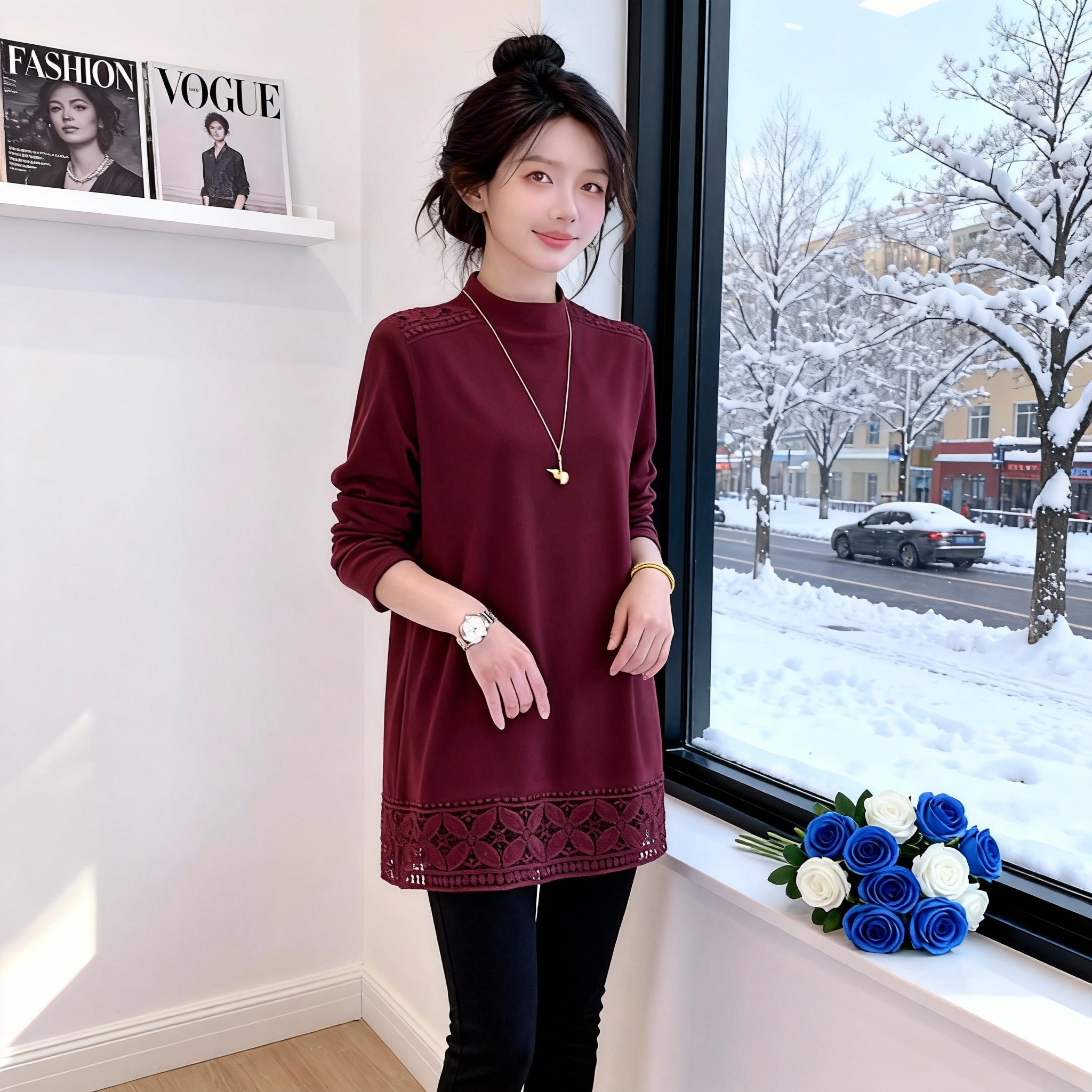酒红色蕾丝花边中长款打底衫女秋冬新款内搭双面绒宽松长袖上衣,淘宝优惠券,粉丝福利购,淘宝优惠卷