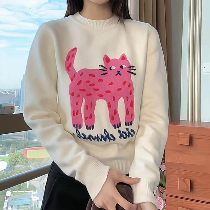 秋冬新款提花长腿猫卡通图案长袖毛衣女套头百搭针织衫上衣,淘宝优惠券,粉丝福利购,淘宝优惠卷