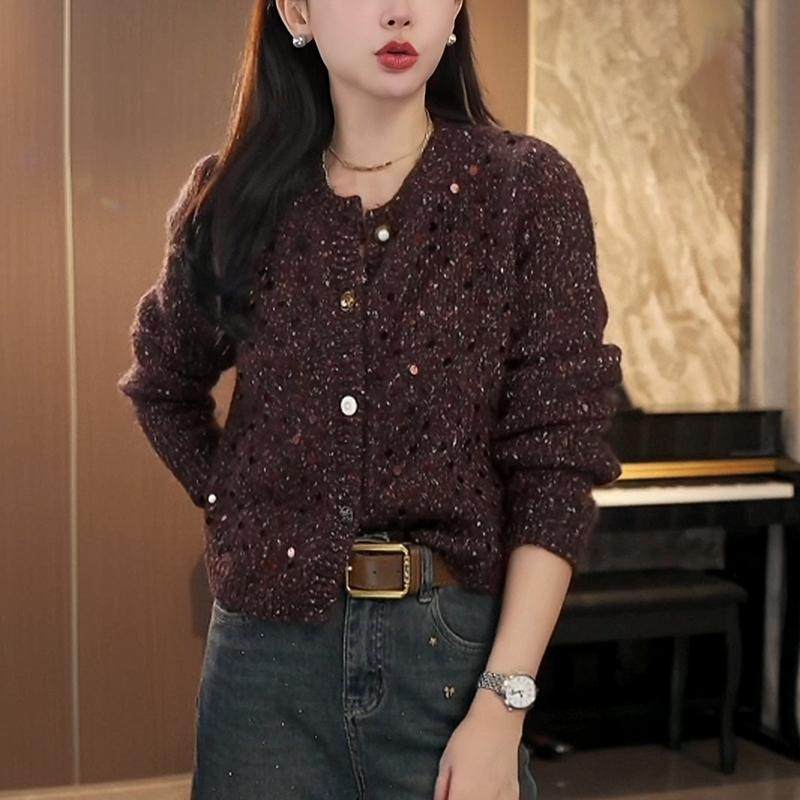 复古亮片圆领针织开衫女2024年新款秋季毛衣外套时尚减龄长袖上衣,淘宝优惠券,粉丝福利购,淘宝优惠卷