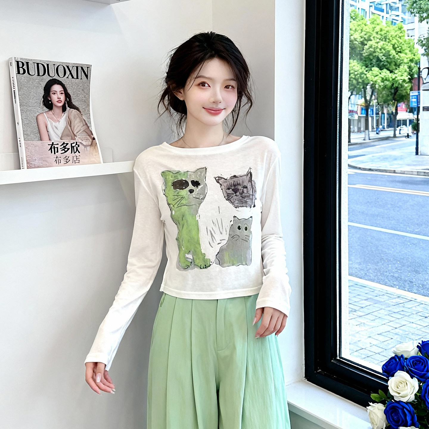 卡通猫咪印花长袖T恤女白色百搭休闲正肩内搭显瘦遮肉气质上衣女,淘宝优惠券,粉丝福利购,淘宝优惠卷