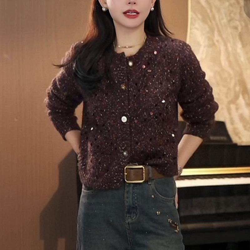 复古亮片圆领针织开衫女2024年新款秋季毛衣外套时尚减龄长袖上衣,淘宝优惠券,粉丝福利购,淘宝优惠卷