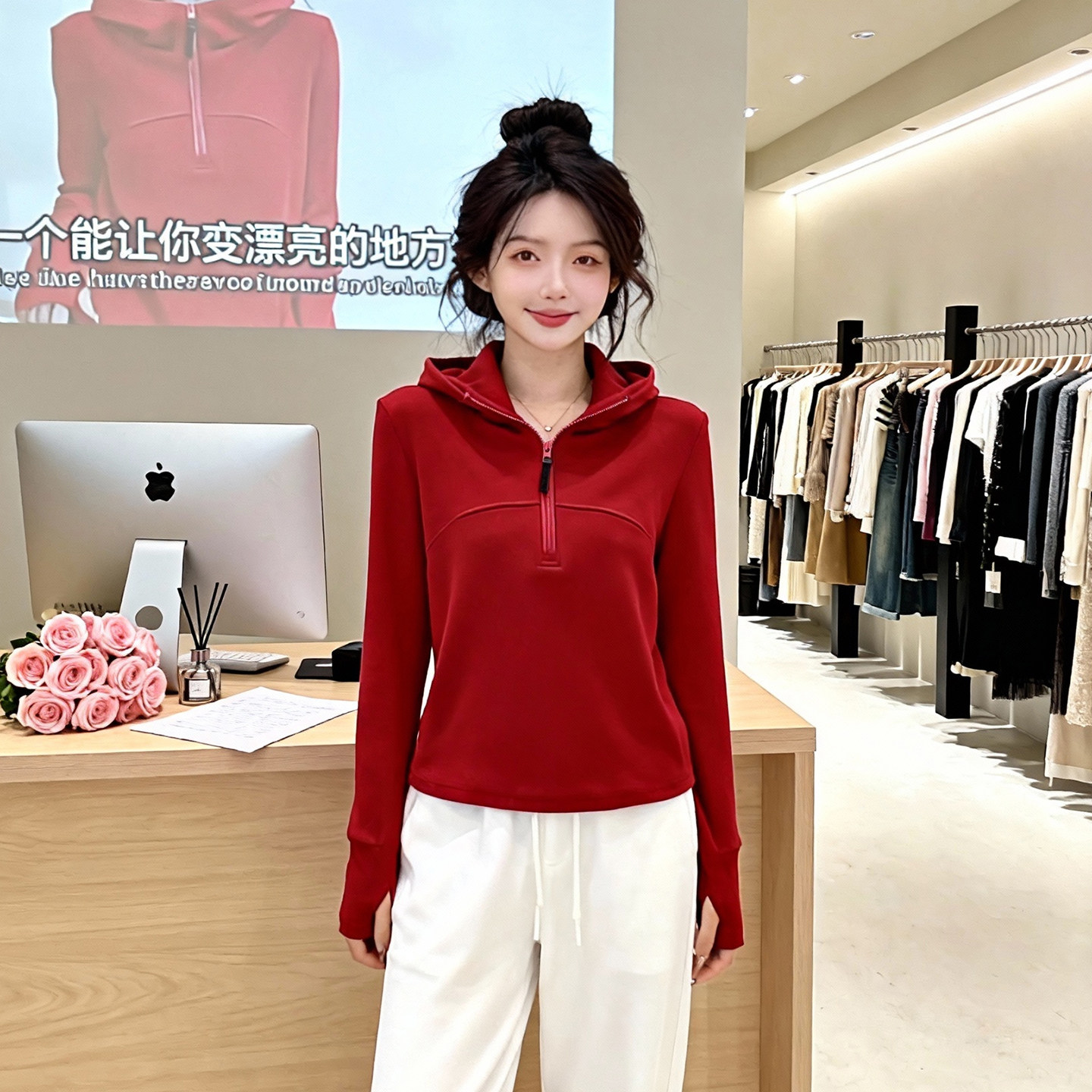 红色加厚德绒连帽打底衫女秋冬卫衣外套2026新款修身内搭长袖上衣,淘宝优惠券,粉丝福利购,淘宝优惠卷