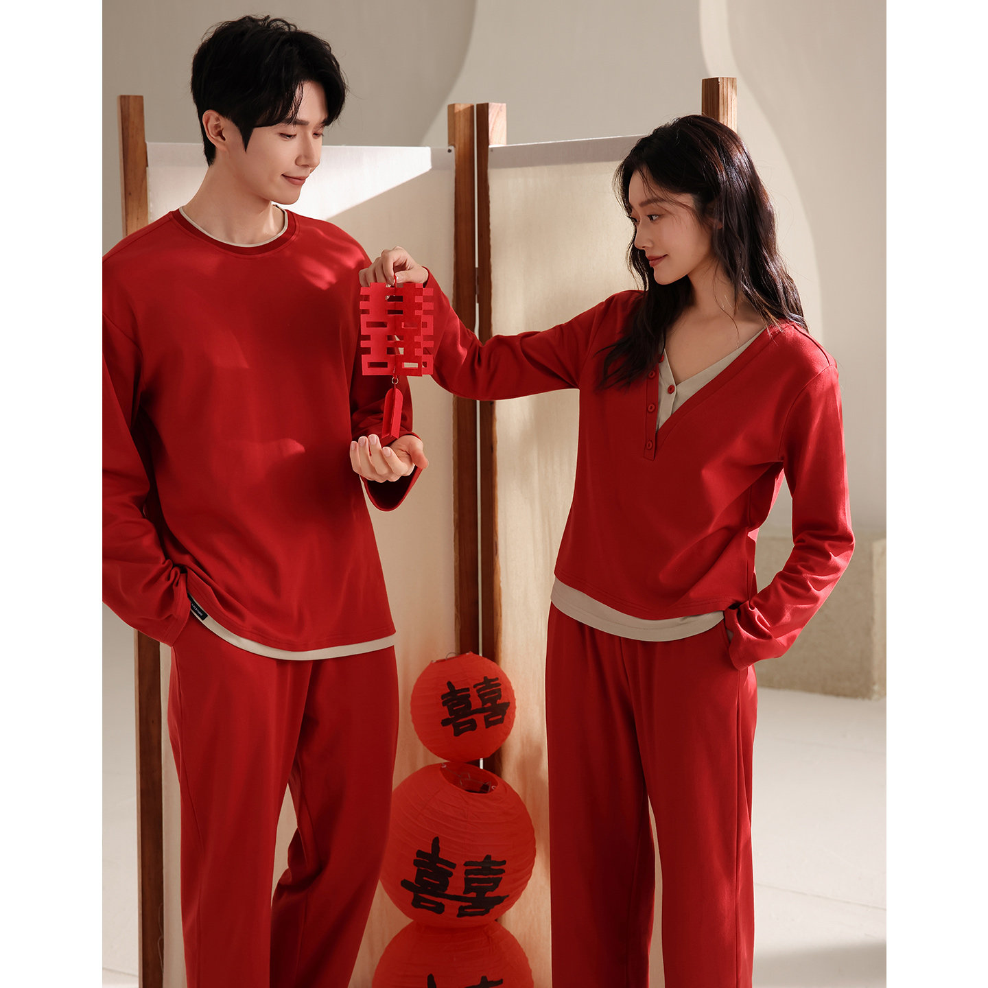 春秋季红色睡衣结婚新婚情侣套装带胸垫女纯棉长袖高级感家居服男,淘宝优惠券,粉丝福利购,淘宝优惠卷
