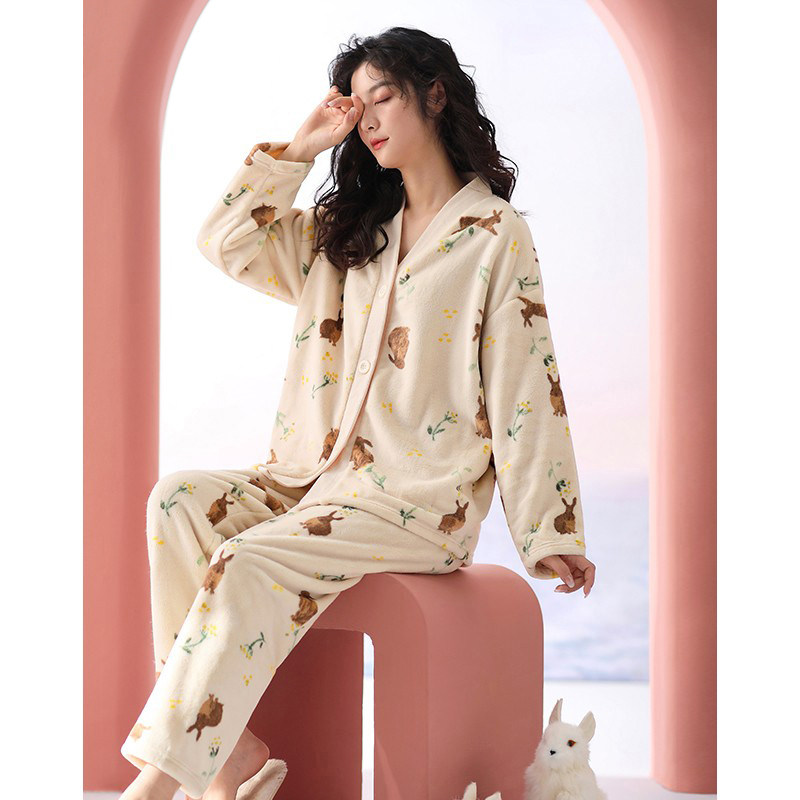 睡衣女珊瑚绒冬季加厚毛绒可爱卡通开衫家居服秋冬法兰绒保暖套装,淘宝优惠券,粉丝福利购,淘宝优惠卷