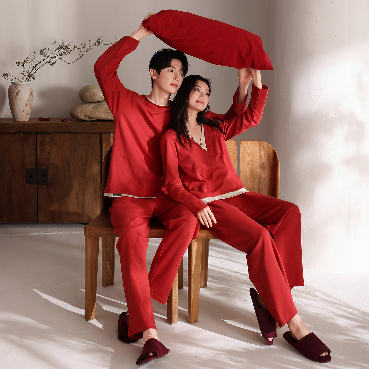春秋季红色睡衣结婚新婚情侣套装带胸垫女纯棉长袖高级感家居服男,淘宝优惠券,粉丝福利购,淘宝优惠卷