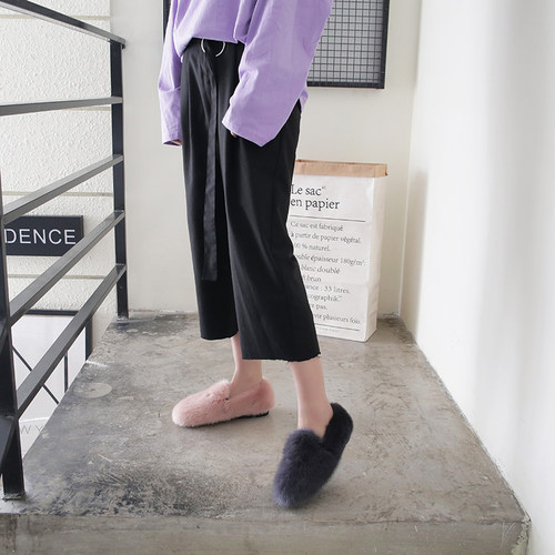 棉瓢鞋女2025新款冬季皮草加绒水貂毛女鞋网红外穿真皮厚底毛毛鞋 - 图1