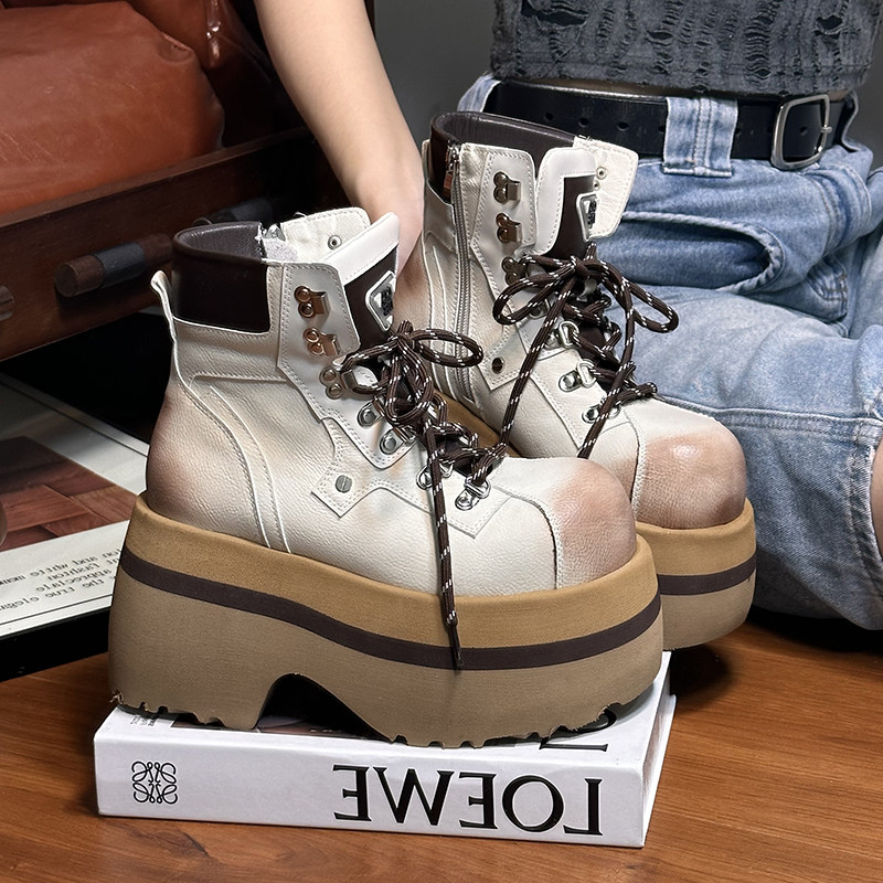 欧货真皮大头系带松糕厚底马丁靴女英伦风小个子增高机车靴短靴子,淘宝优惠券,粉丝福利购,淘宝优惠卷