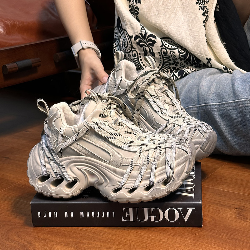 复古真皮绑带做旧松糕厚底老爹鞋女时尚百搭小个子增高休闲运动鞋,淘宝优惠券,粉丝福利购,淘宝优惠卷