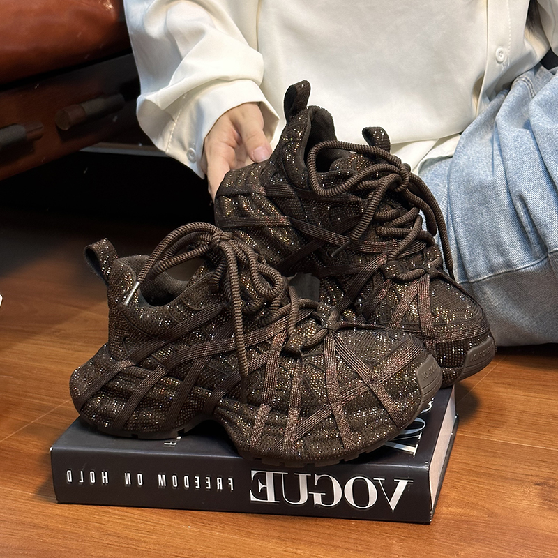 欧货水钻满钻绑带厚底老爹鞋女2025新款时尚小个子增高休闲运动鞋 - 图0