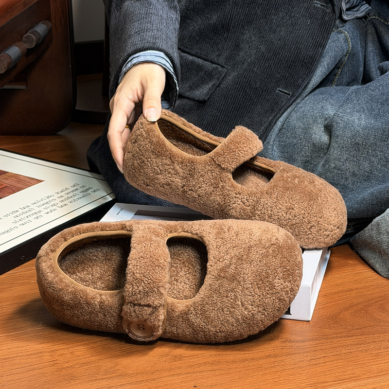 网红玛丽珍毛毛鞋女外穿真皮羊羔毛厚底加绒棉瓢鞋百搭平底豆豆鞋,淘宝优惠券,粉丝福利购,淘宝优惠卷