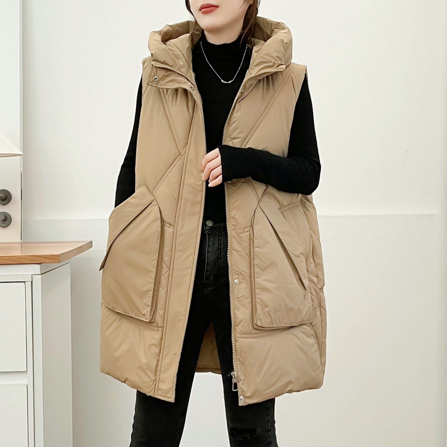 欧版大码中长款连帽羽绒棉马甲女2025秋冬新宽松休闲马夹外套背心,淘宝优惠券,粉丝福利购,淘宝优惠卷