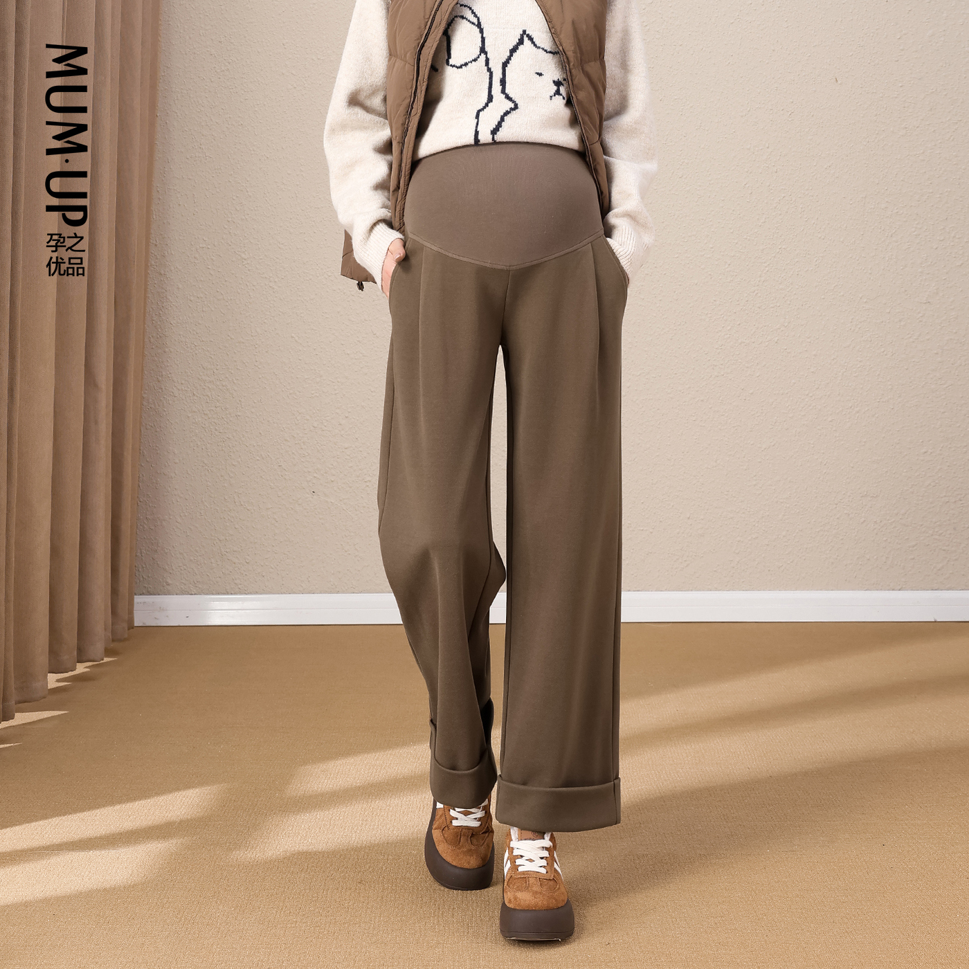 Maternity's high-quality woolen maternity pants for fall and winter outer wear, belly support for small people, loose straight nine-point pants, wide-leg pants for pregnant women