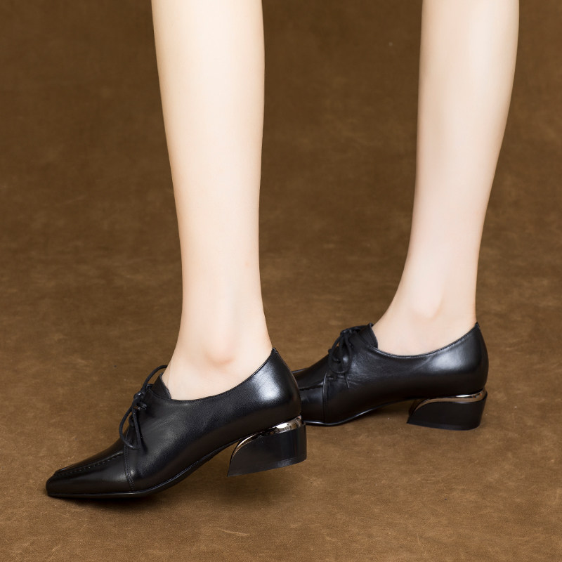 2023新款春秋季尖头系带女鞋粗跟深口单鞋中跟英伦风小皮鞋真皮软,淘宝优惠券,粉丝福利购,淘宝优惠卷