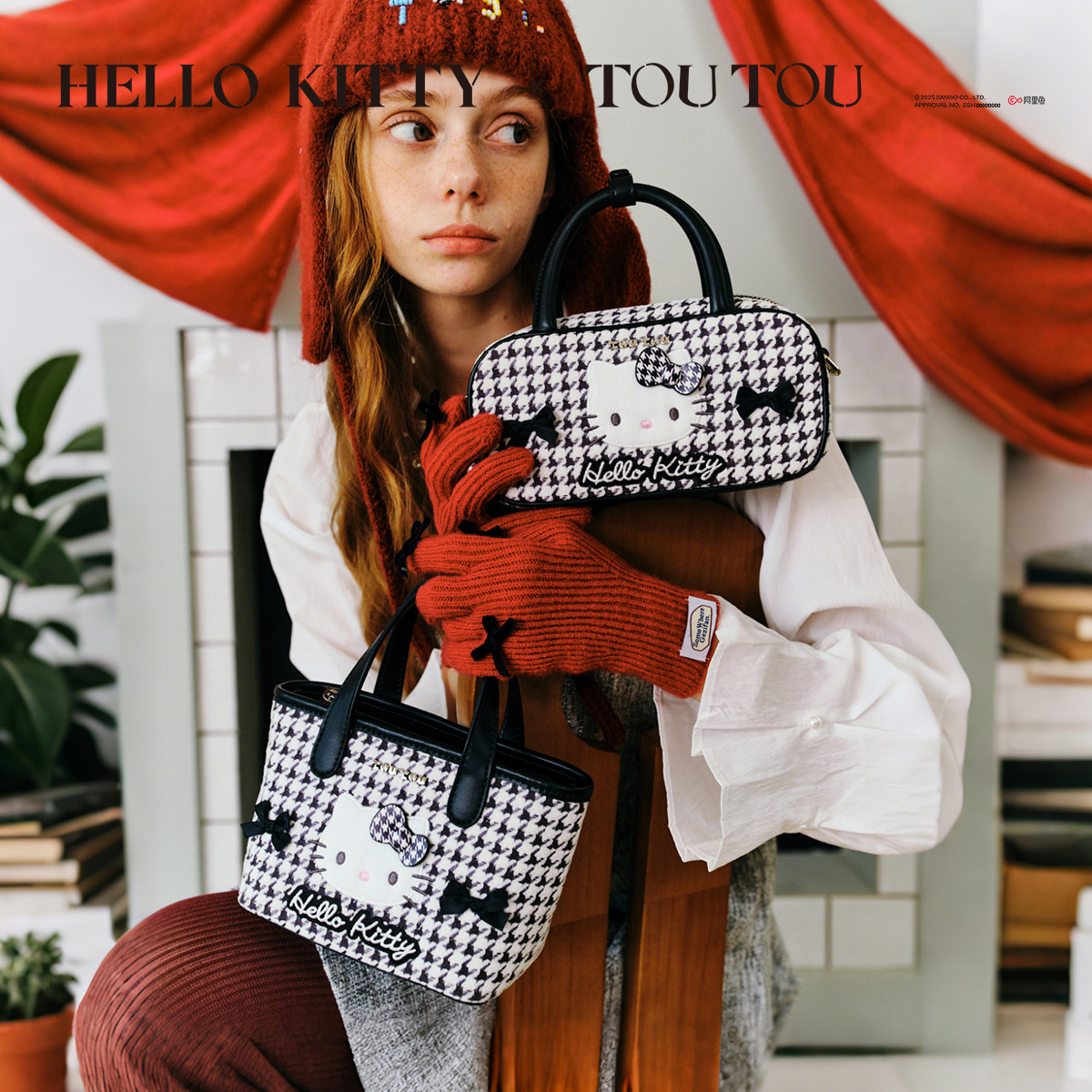 Hellokitty千金系列TOUTOU凯蒂猫千鸟格波士顿保龄球包生日礼物女,淘宝优惠券,粉丝福利购,淘宝优惠卷