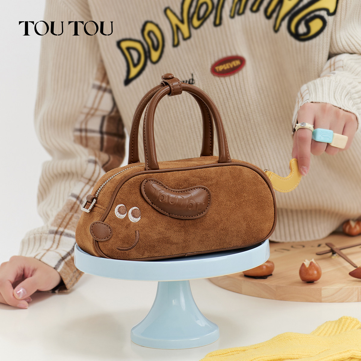 TOUTOU绒面腊肠狗保龄球包可爱手提波士顿包单肩斜挎包外出小拎包,淘宝优惠券,粉丝福利购,淘宝优惠卷