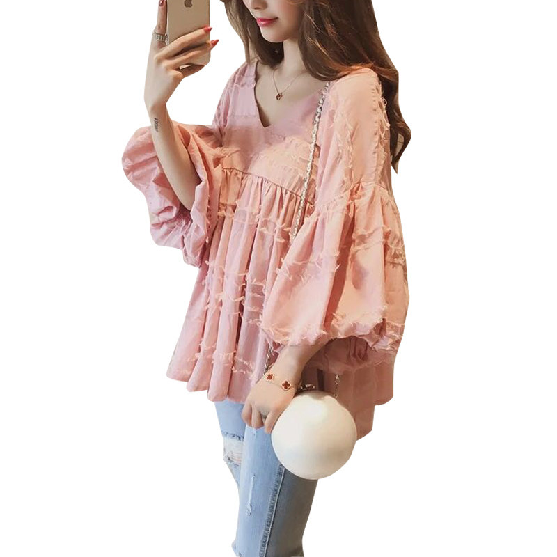 2020新款夏季中长款蓬蓬半袖风上衣 繁星蕾丝衫/雪纺衫