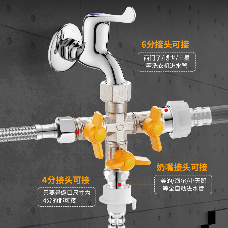 洗衣机水龙头一进二出分流分水器阀门三通四通4分6分转换接头配件 - 图0