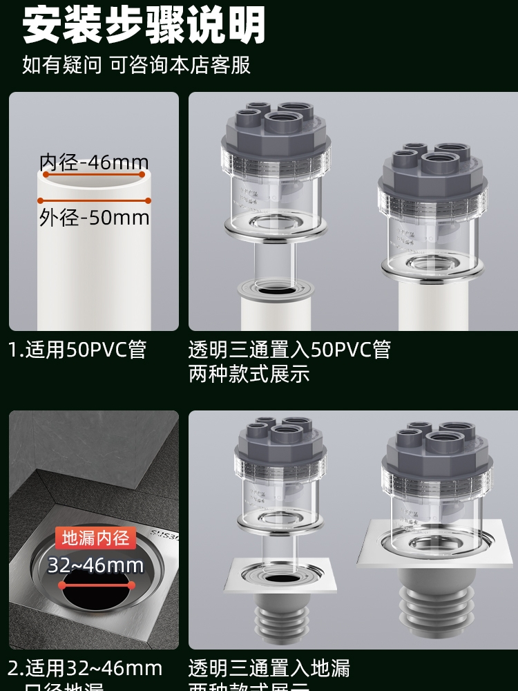 卫生间地漏四通烘干机壁挂洗衣机分水器阳台道排水管下水三通防臭-图0