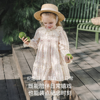 嫚熙童装儿童连衣裙女童衣服秋季长袖碎花公主裙女宝周岁礼服长裙
