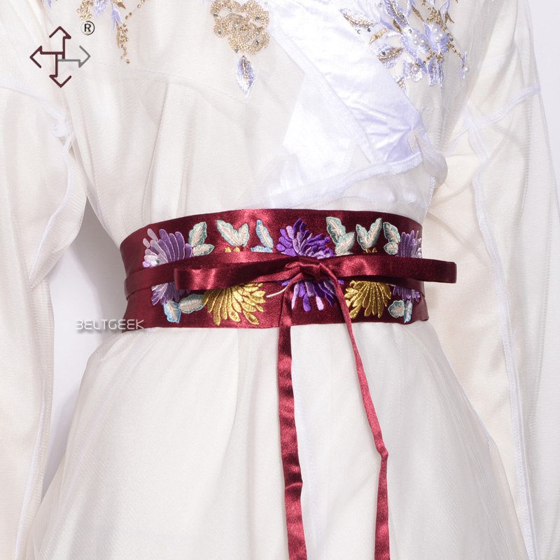 BELTGEEK复古彩色菊花刺绣女士装饰绑带腰带缎面国潮连衣裙宽腰封 - 图0