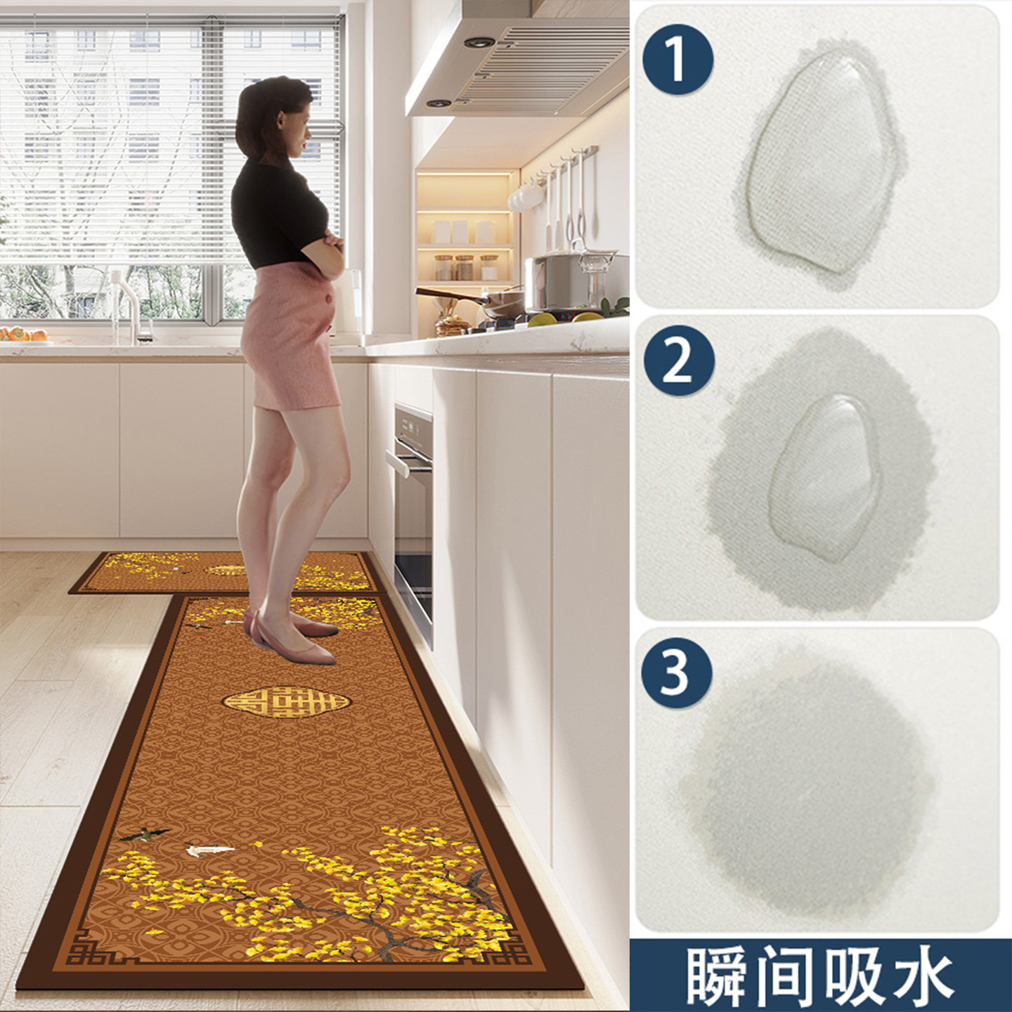 New Chinese style kitchen floor mat anti-slip, oil-proof, wipeable and washable