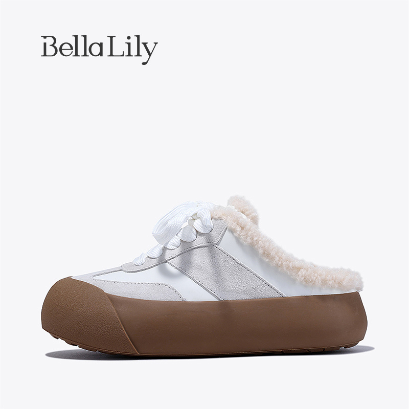 BellaLily2023冬季新款外穿半包拖鞋女棉鞋女冬加绒一脚蹬板鞋子-图1