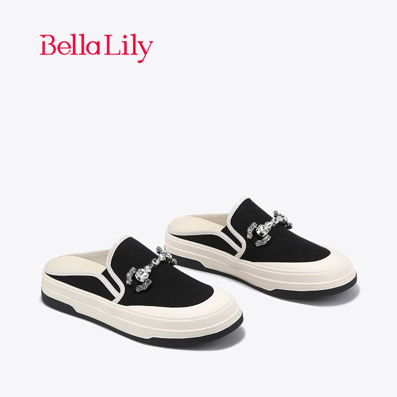 BellaLily夏新款水钻一脚蹬半包拖鞋女时尚板鞋休闲帆布鞋潮-图2