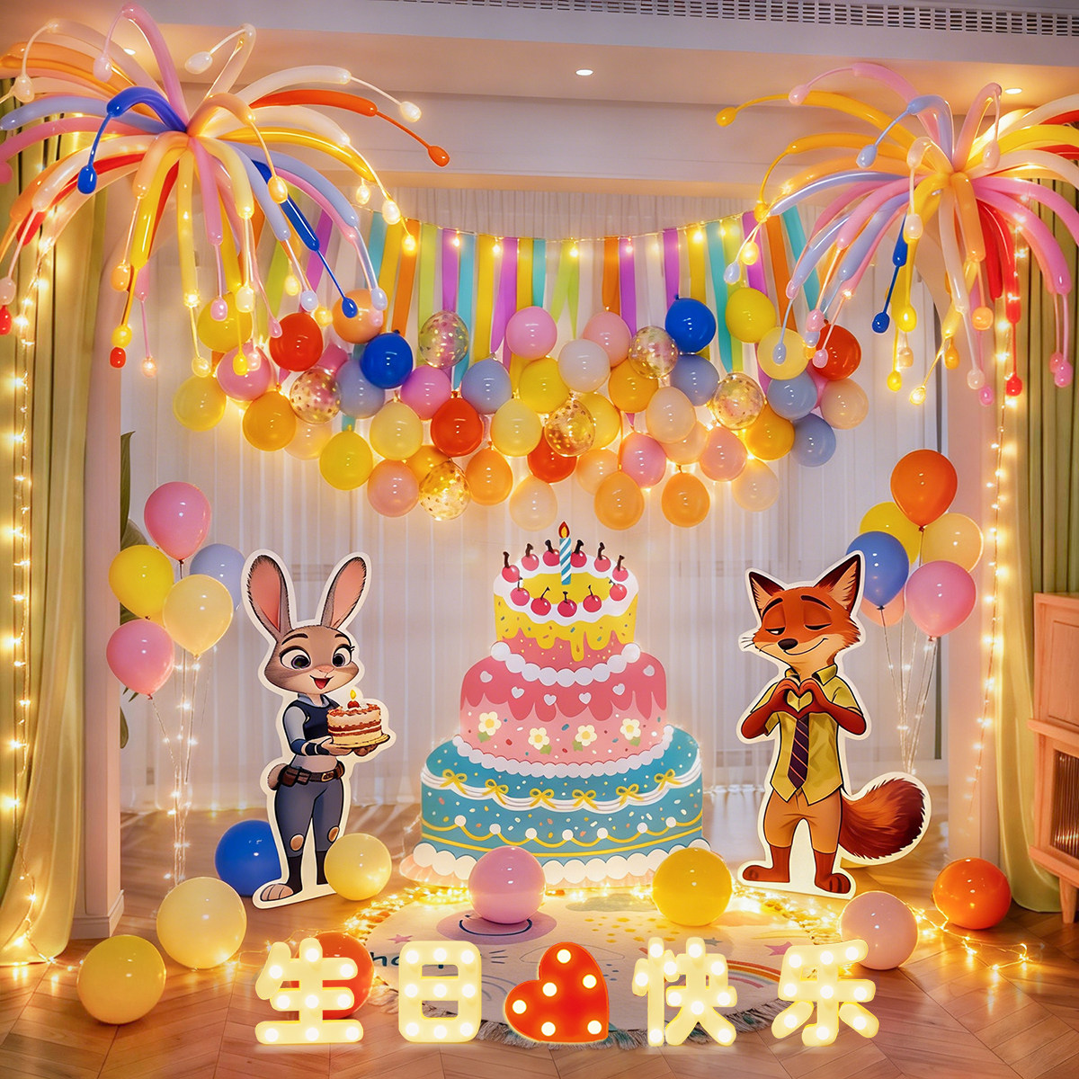 儿童疯狂动物城5岁生日装饰KT板气球派对朱迪尼克家庭布置背景墙,淘宝优惠券,粉丝福利购,淘宝优惠卷