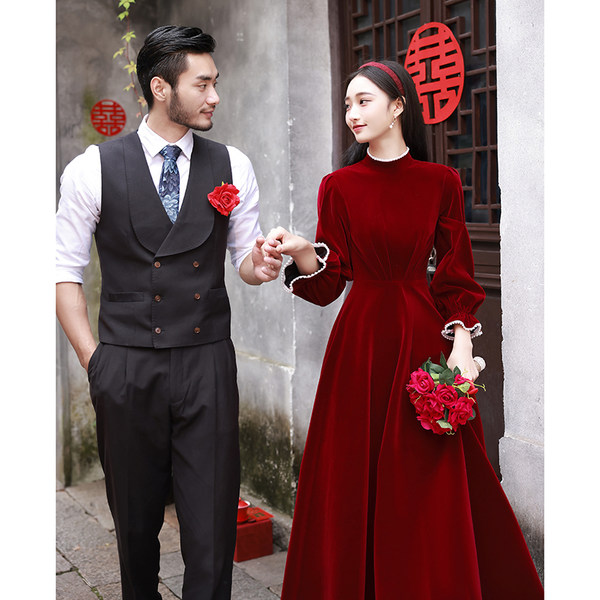 敬酒服新娘冬季法式红色丝绒加厚长袖红裙结婚礼服订婚回门连衣裙