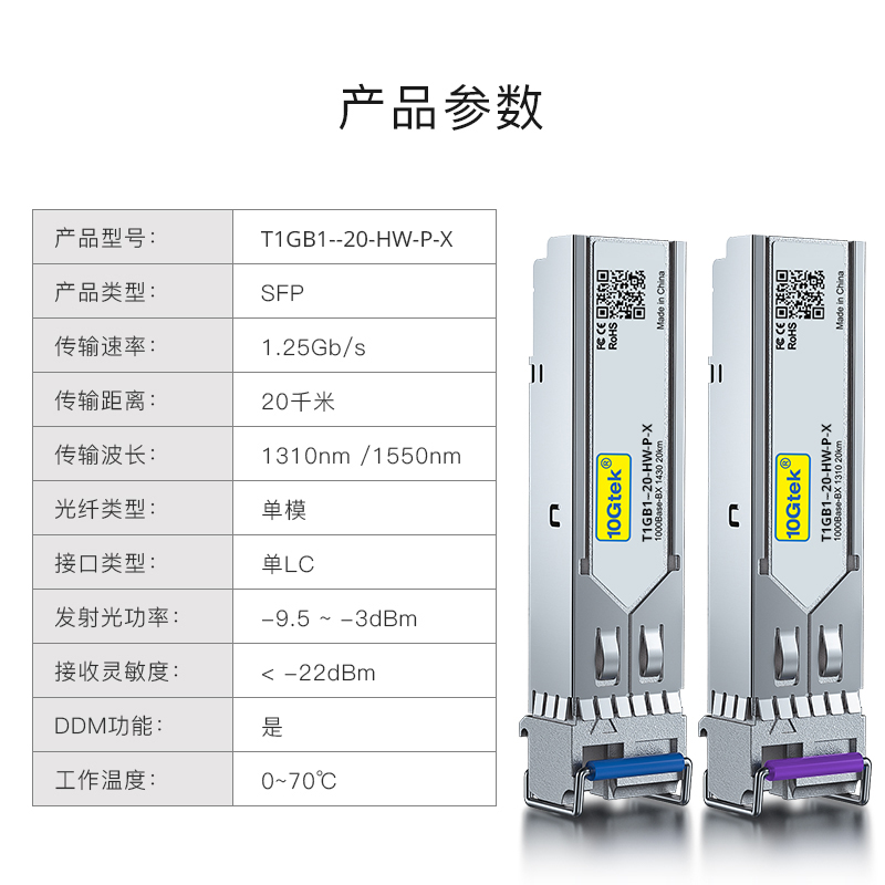 千兆单模单芯 SFP光模块 单纤单芯双向BIDI SC光纤模块 单LC接口 1.25G 兼容华为H3C思科 传输3/20/40/80KM - 图0