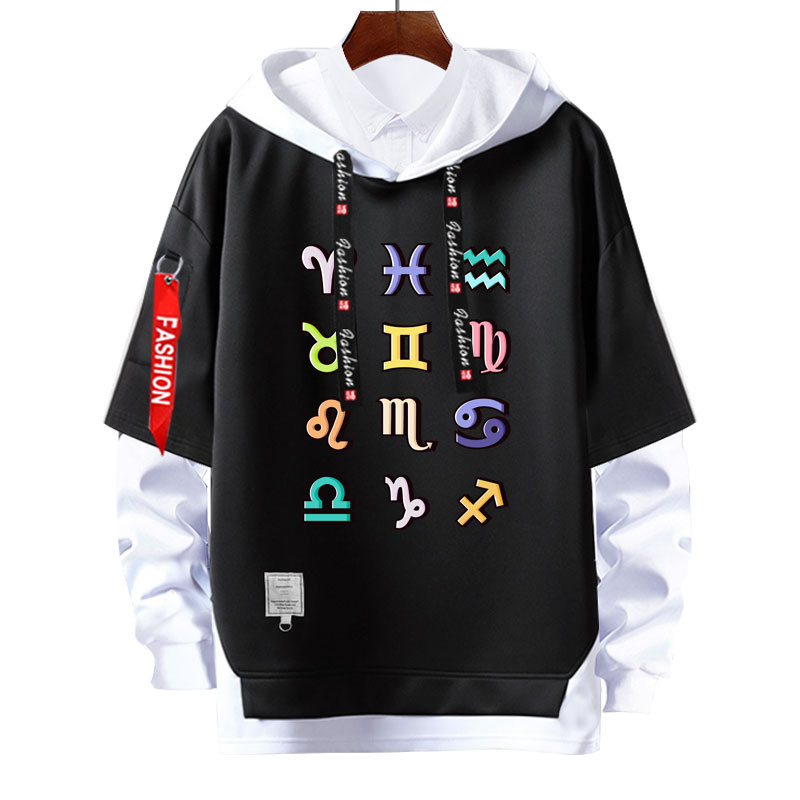 十二星座标志金牛摩羯巨蟹双子双鱼假两件连帽卫衣服男女学生外套