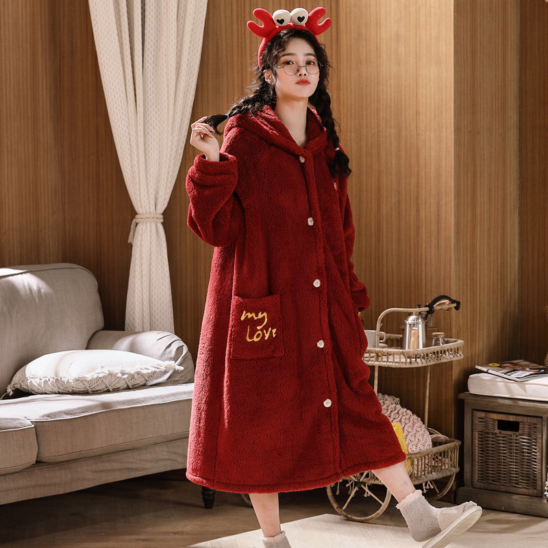 珊瑚绒长款可爱春秋季网红加绒浴袍 美依婖内衣睡衣/家居服套装