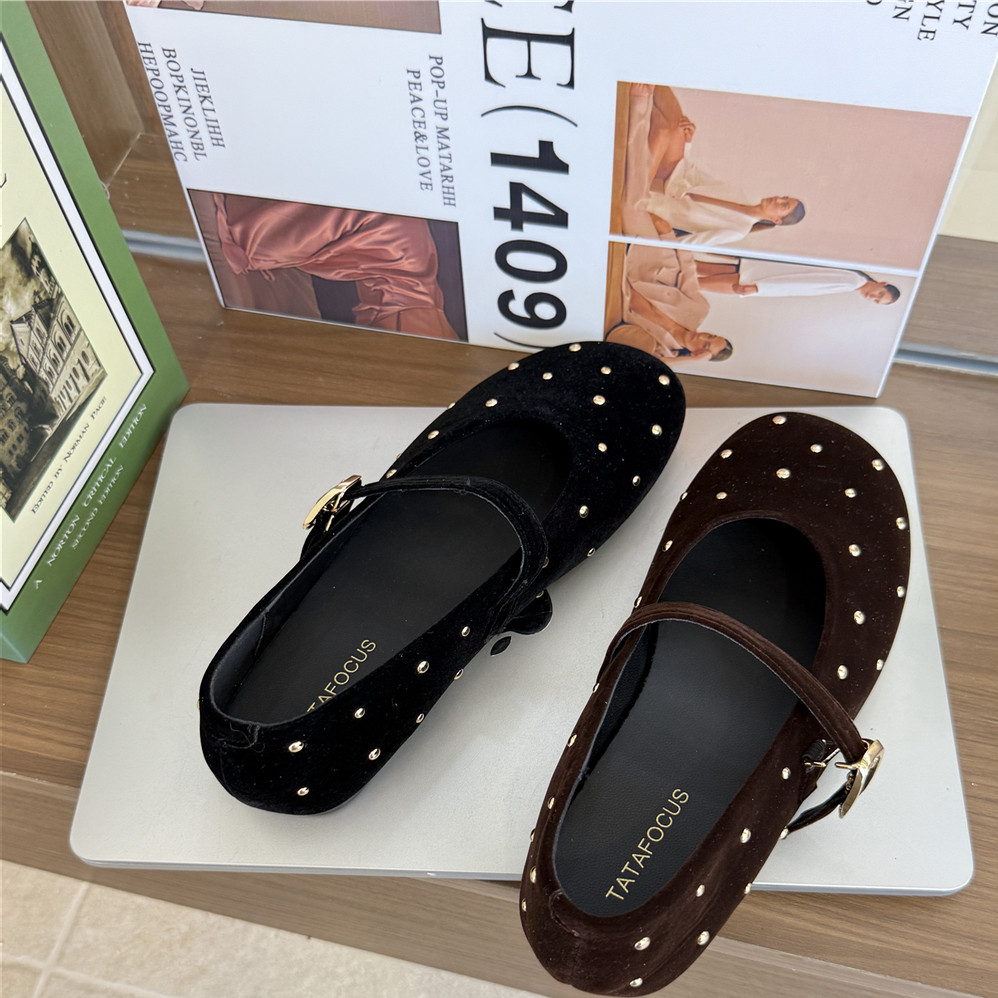 TATAFOCUS~灯芯绒2025法式铆钉玛丽珍鞋一字单鞋平底芭蕾鞋89-21,淘宝优惠券,粉丝福利购,淘宝优惠卷