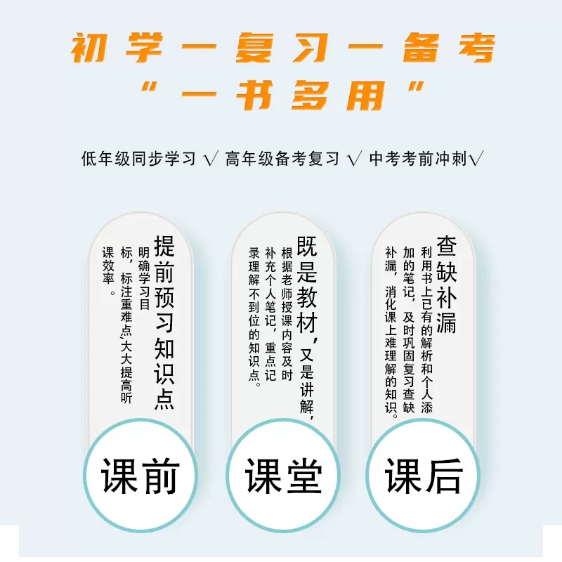 蓝皮书初中基础知识与核心考点手册各科人教通用版语文数学物理化学生物历史地理政治英语语法词汇知识点古诗文言文全解公式口袋书 - 图3