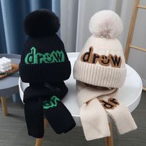 Cap scarf suit boy girls winter warm protective ear hat knit wool line hat baby letters CUHK Scout hat