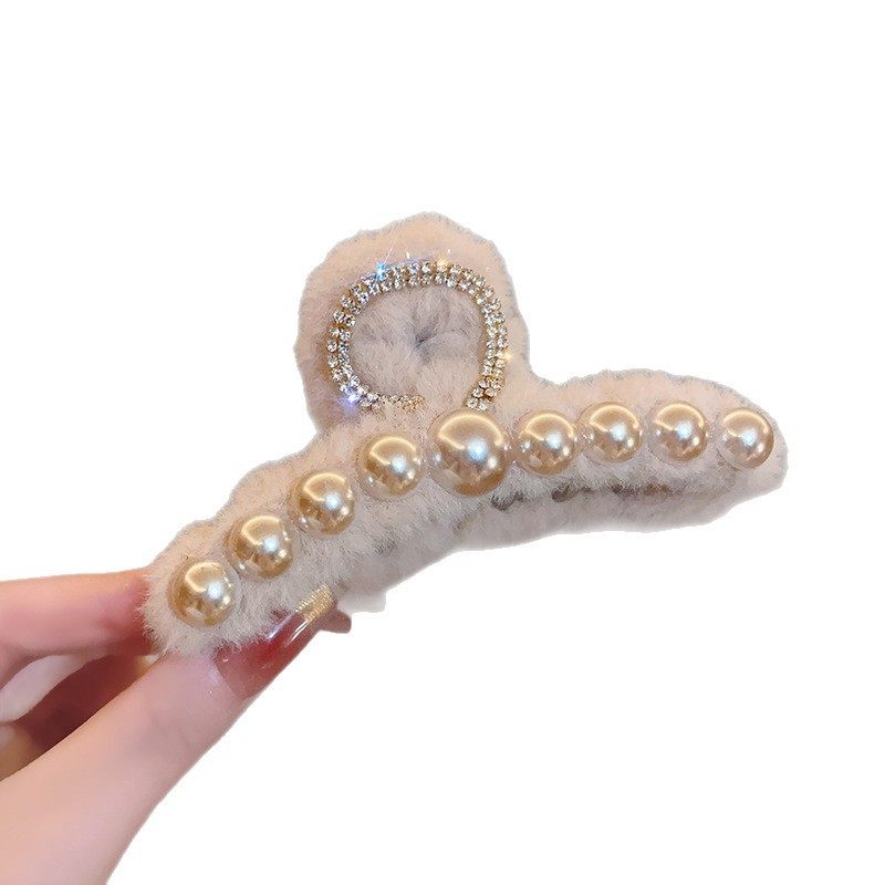 韩版珍珠毛绒抓夹女2024秋冬新款高端鲨鱼夹后脑勺发量多盘发夹子,淘宝优惠券,粉丝福利购,淘宝优惠卷