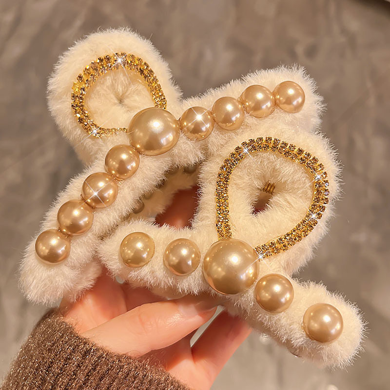 2025秋冬新款韩版珍珠毛绒抓夹女高端鲨鱼夹后脑勺发量多盘发夹子,淘宝优惠券,粉丝福利购,淘宝优惠卷