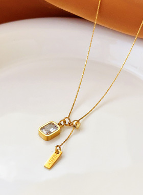 抽拉可调节方块多彩锆石水晶2024新款钛钢项链女高级感潮流锁骨链