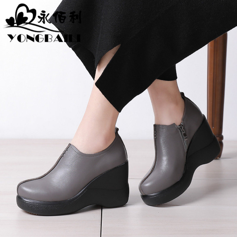 2025春季新款羊皮真皮深口女鞋松糕鞋厚底坡跟圆头休闲牛筋鞋皮鞋,淘宝优惠券,粉丝福利购,淘宝优惠卷