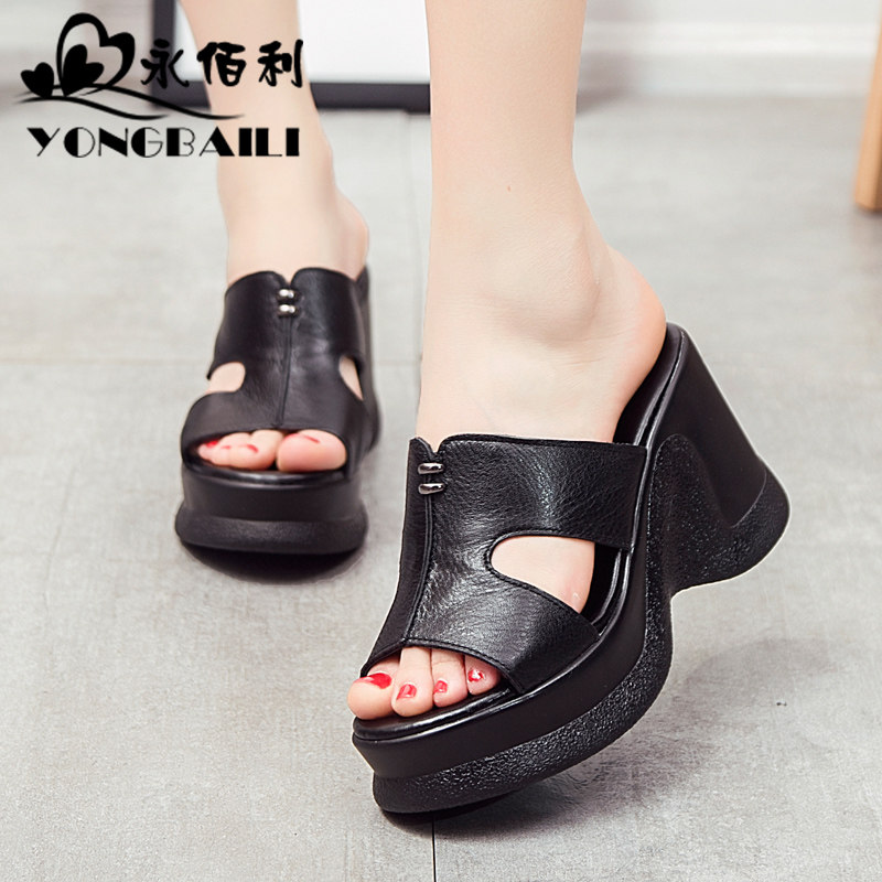 2025夏新款高跟牛皮拖鞋女松糕鞋厚底坡跟一字拖鱼嘴凉拖女鞋皮鞋,淘宝优惠券,粉丝福利购,淘宝优惠卷