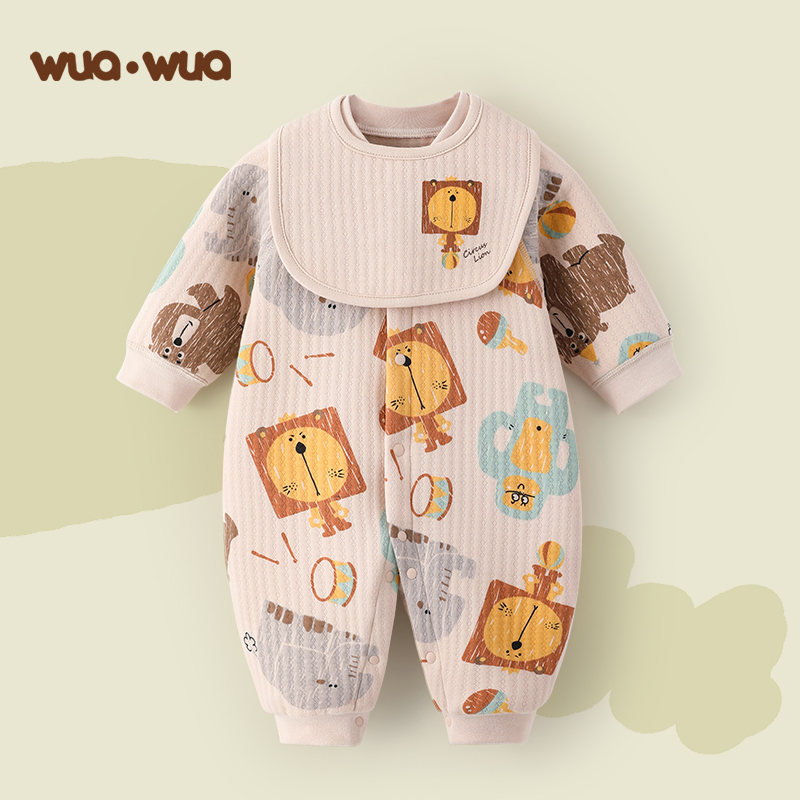 wuawua婴儿夹棉连体衣秋季长袖纯棉冬加厚保暖新生儿衣服外出洋气
