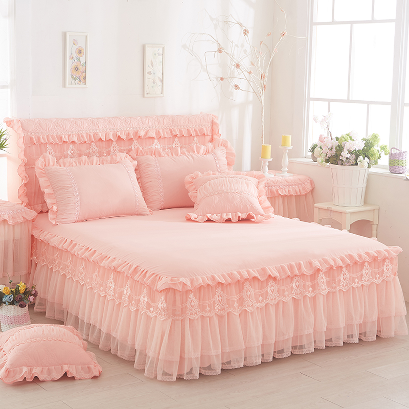 韩版公主蕾丝床裙式四件套床罩床上用品花边纯色磨毛床套多件套 - 图1