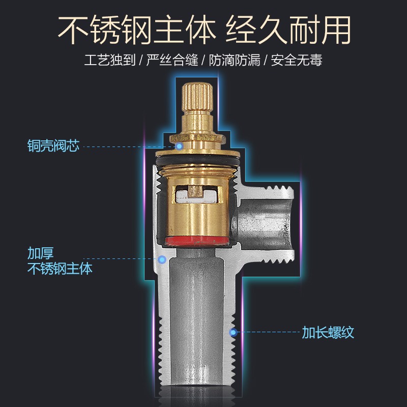 全铜冷热水三角阀家用4分阀门开关304不锈钢三通一进二出止分水阀 - 图3