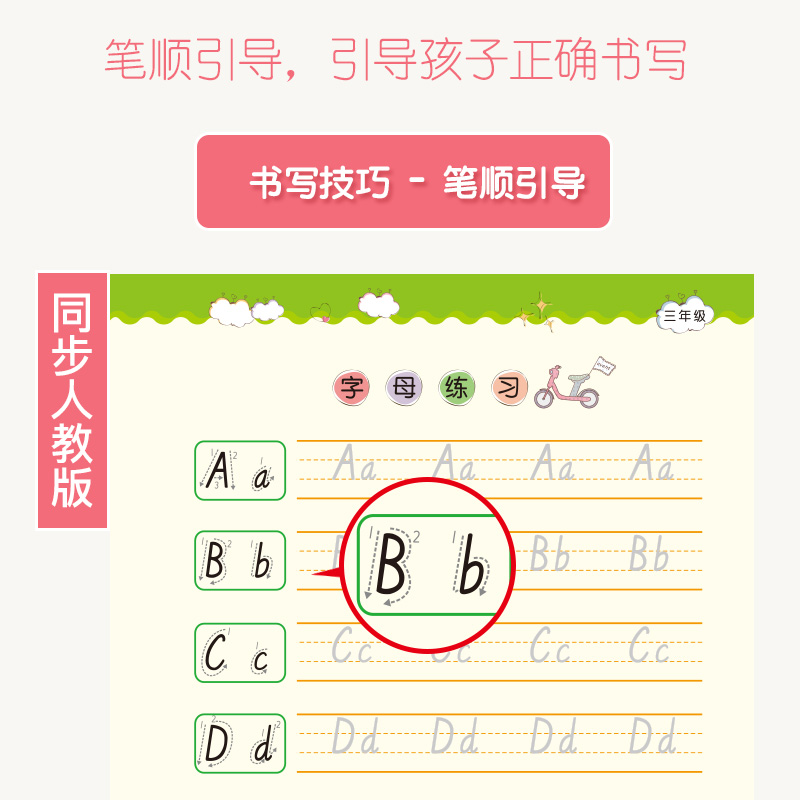 2020新版小学生三四3-6年级英语上下册同步儿童单词凹槽速成字帖人教版钢笔练字帖54同步铅笔临摹英文字帖-图2