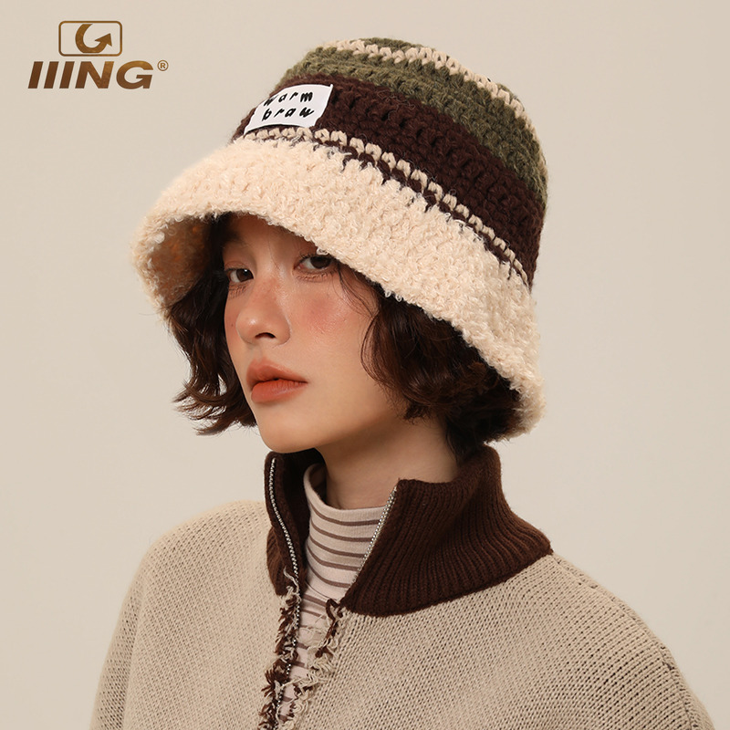 撞色复古针织渔夫帽女秋冬显脸小水桶帽韩版百搭大头围毛线盆帽子 - 图0