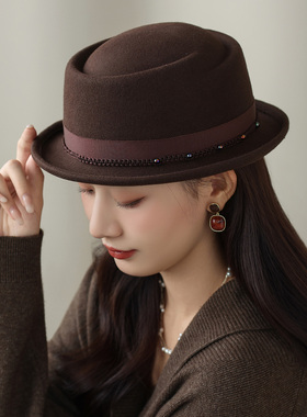 香雪羽秀秋冬赫本风羊毛礼帽女