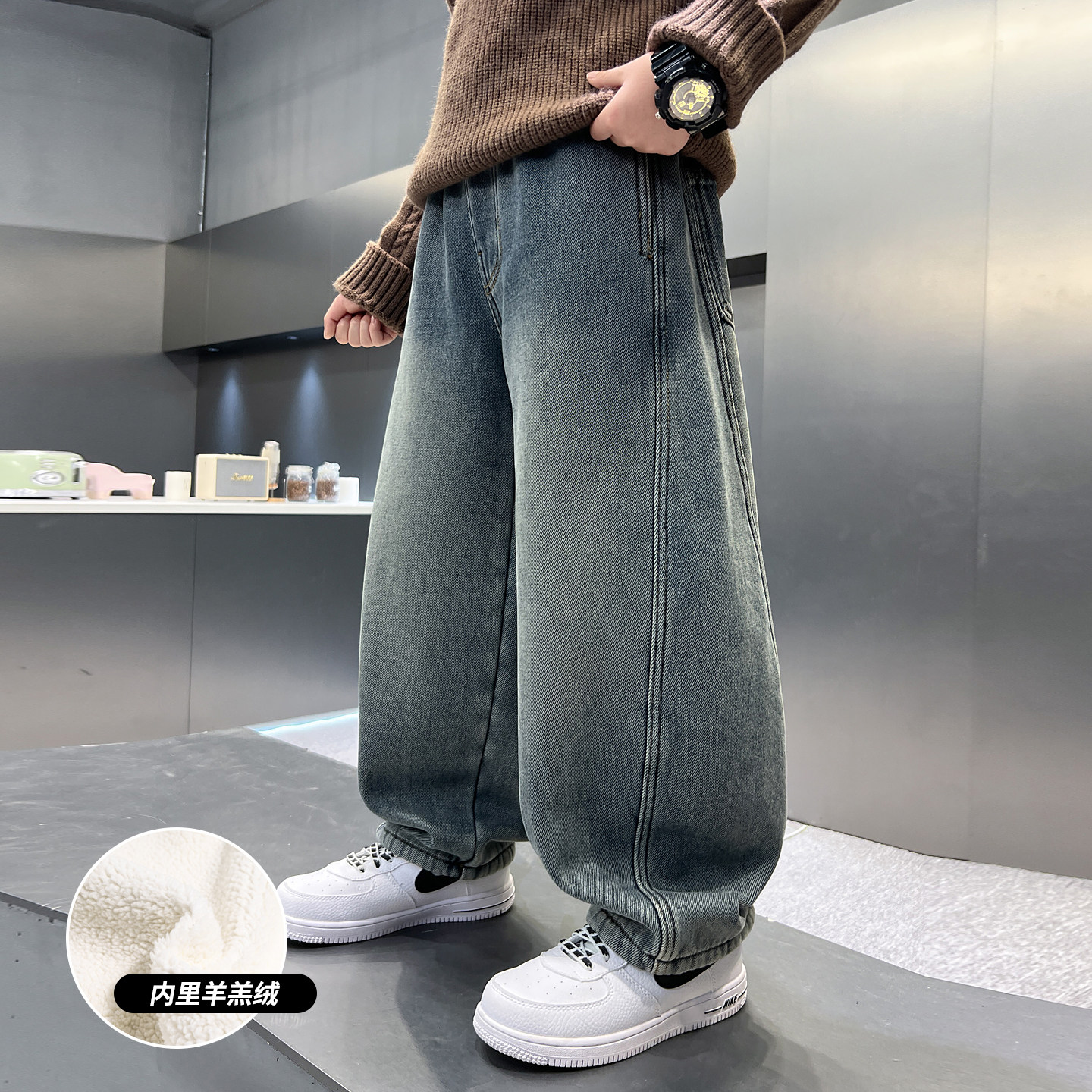 男童加绒牛仔裤2025新款中大男孩加厚保暖棉裤儿童冬装羊羔弯刀裤,淘宝优惠券,粉丝福利购,淘宝优惠卷