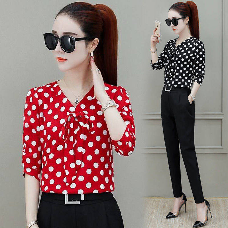 2025春夏季韩版波点印花衬衣女长袖/短袖雪纺衫V领上衣打底衫女装,淘宝优惠券,粉丝福利购,淘宝优惠卷