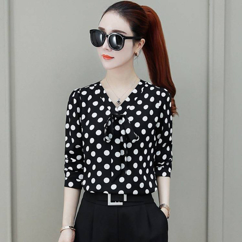 2025春夏季韩版波点印花衬衣女长袖/短袖雪纺衫V领上衣打底衫女装,淘宝优惠券,粉丝福利购,淘宝优惠卷