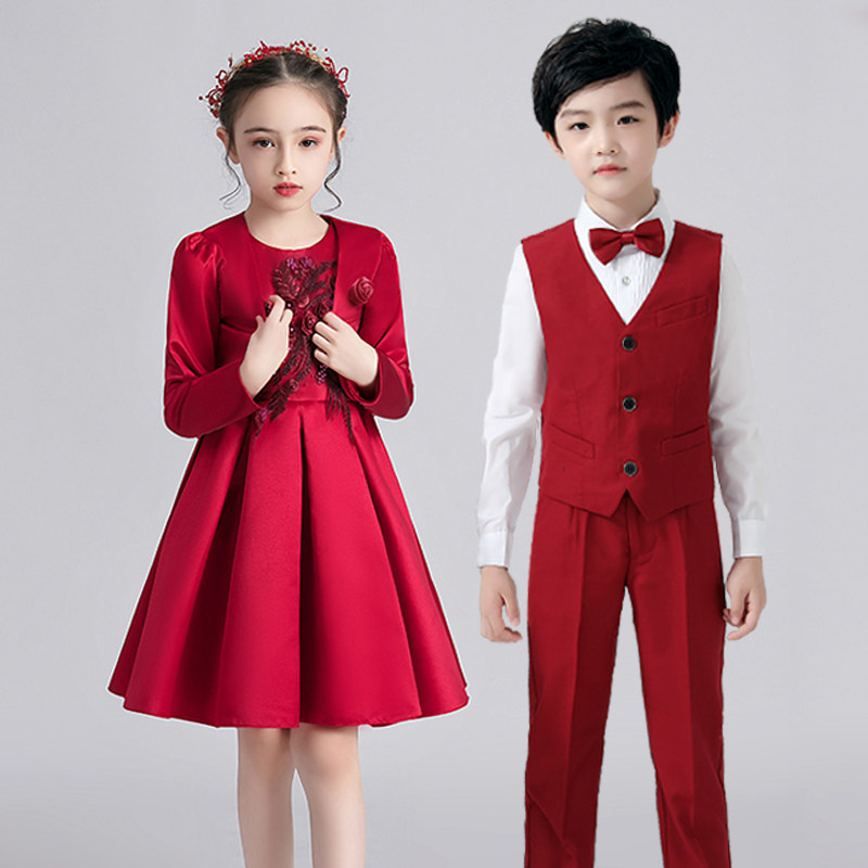 儿童演出服女童舞蹈裙小学生红色主持人礼服演讲朗诵元旦表演服装 - 图1